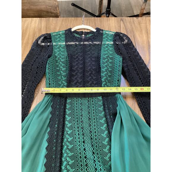 Self Portrait long sleeve mesh Green Lace pleated flare whimsygoth Mini Dress 4 - Picture 5 of 14